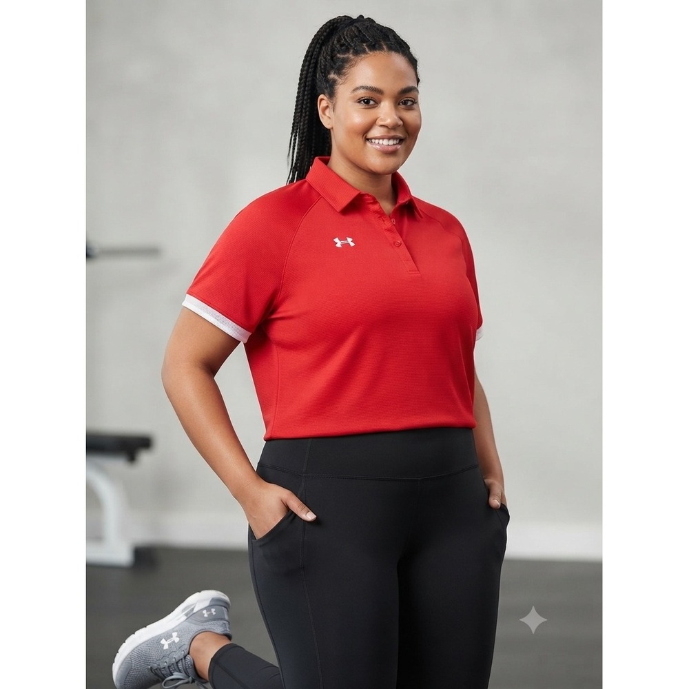 Under Armour Womens 2XL Red HeatGear Polo Shirt‎ Short Sleeve Loose Fit Athletic